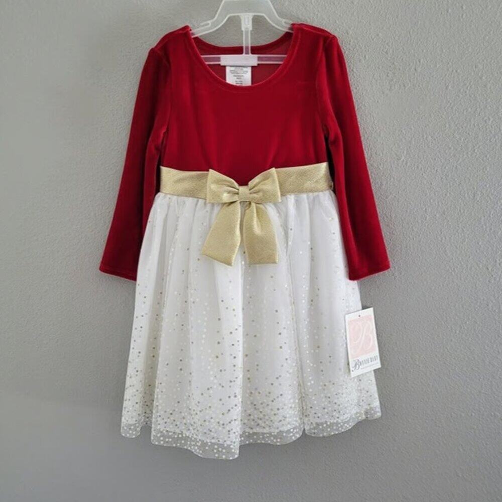 Bonnie Jean Baby Red Velvet Holiday Long Sleeve Dress  Gold Bow Sz 24 Months